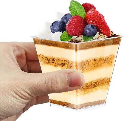 50 Pcs Mini Dessert Cups, with Spoons, 2oz/60ml Clear Square Cups, Reusable Cheesecake Pots for Pudding Mousse Ice Iream