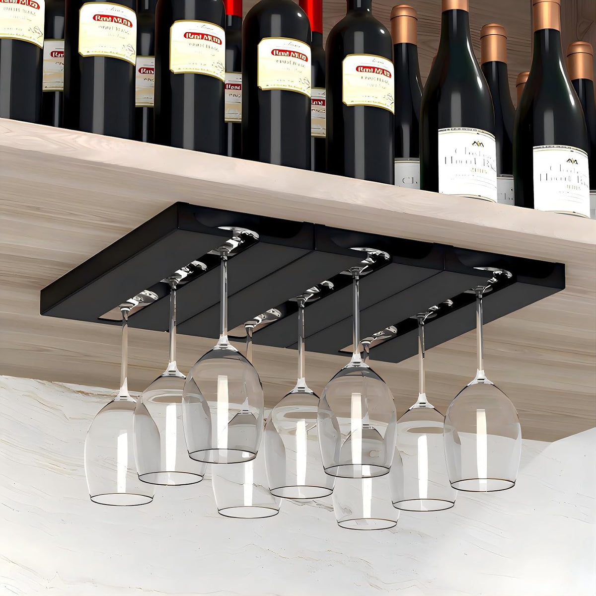 Self Adhesive Wine Glass Rack Under Shelf, Hanging Glasses Holder Hanger | Only 2cm thick, saving space; inverted storage prevents dust accumulation and allows for quick draining.