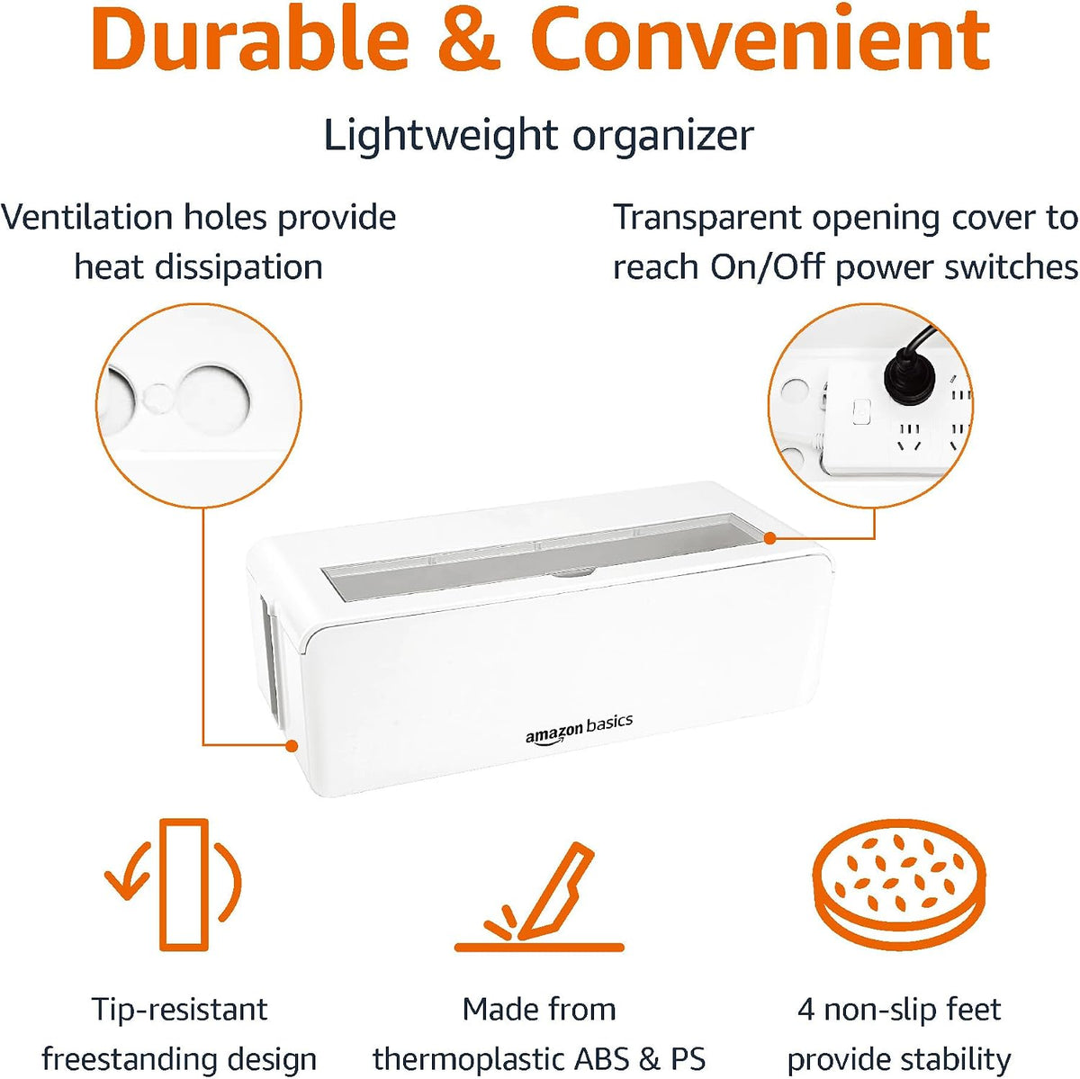 Amazon Basics Cable Tidy Box for hiding and organizing Cables, Large, White