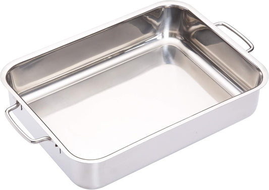 MastrClass Deep Roasting Tin with Folding Handles and Hob Compatible Design, Stainless Steel, 32 x 23 x 6.5cm (12.5 x 9 x 2.5''), Silver