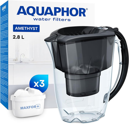 AQUAPHOR Water Filter Jug Amethyst Black 2.8L with 3 x Maxfor+ Cartridges