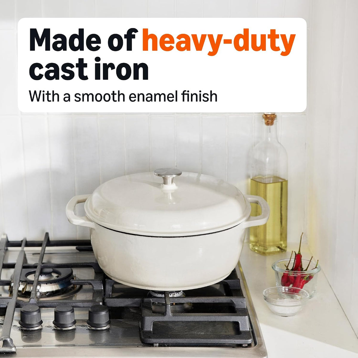 Amazon Basics Enamelled Cast Iron Dutch Oven Casserole with Lid, Heavy-Duty, Round, 4.1 L, White