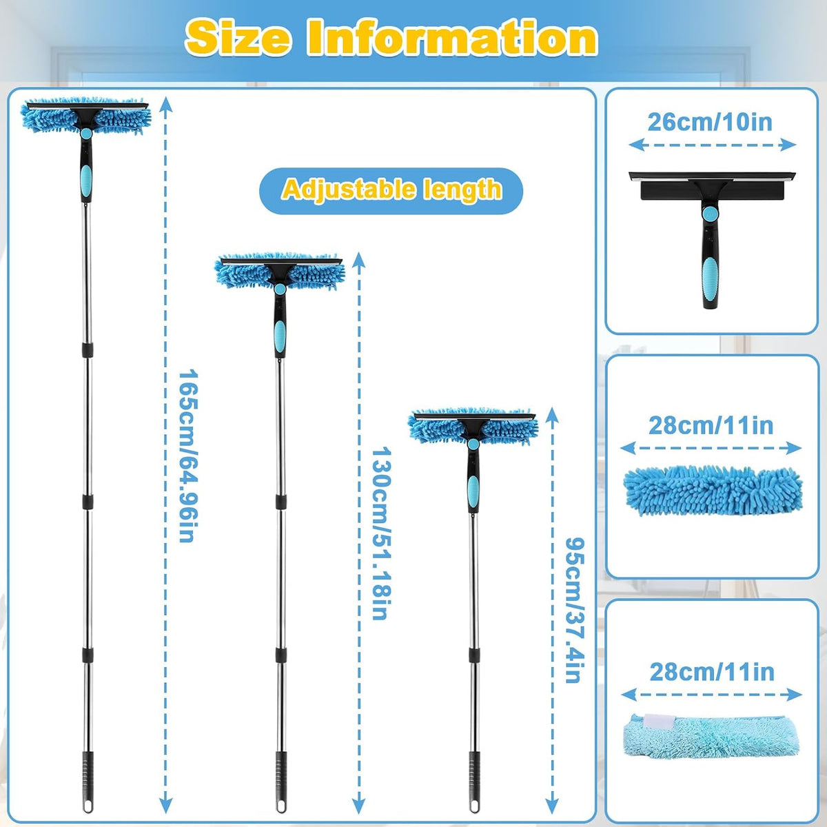 Window Cleaner with Long Handle, 2 in 1 window cleaning kit with Microfiber Cloth 270° Rotatable Telescopic Adjustable up to 64.96in, for Home Shower Car Upstairs Windows