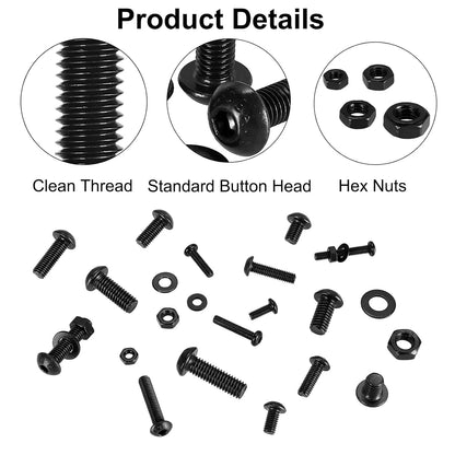 720Pcs Bolts and Nuts Set,M3 M4 M5 M6 Button Head Machine Screws,ISO 7380 Allen Screws,Black Hex Bolts and Washers Set 10.9 Grade Alloy Steel Fully Threaded with 4 Allen Key.