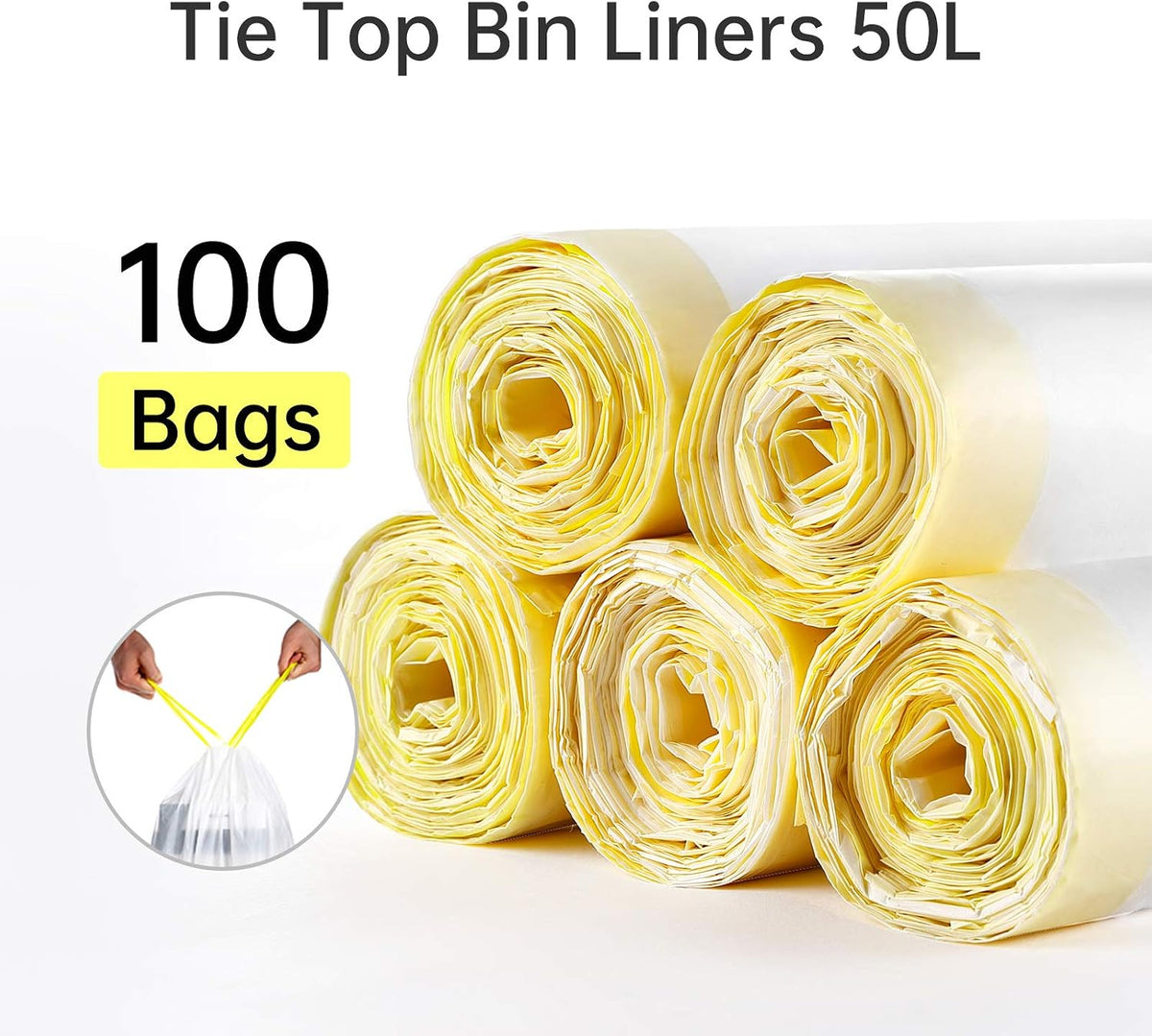 blkk Bin Bags Heavy Duty Bin Liners 50L Swing Bin Liners Strong Pedal Drawstring Bin Bags with Tie Handle Unscented (5 Rolls, 100 Counts in All)