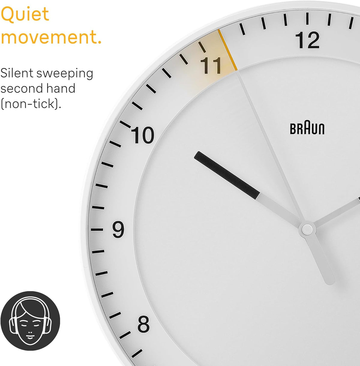 Braun Classic Large Analogue Wall Clock with Silent Sweep Movement, Easy To Read, 30cm Diameter in White, model BC17W.