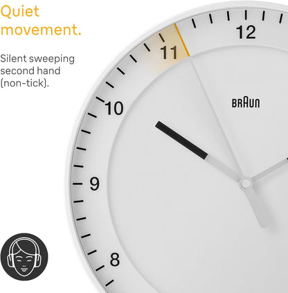 Braun Classic Large Analogue Wall Clock with Silent Sweep Movement, Easy To Read, 30cm Diameter in White, model BC17W.