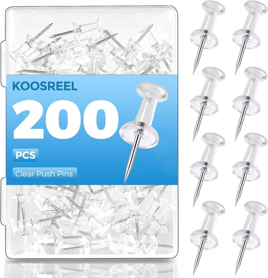 Clear Push Pins - 200 PCS Drawing Pins with Storage Box, Pins for Pinboard, Thumb Tacks for Cork, Notice, Pin Board and Bulletin Boards - Map Pin, Clear