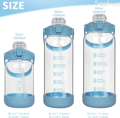 1.5l Glass Water Bottle with Straw & Motivational Time Markings 1.5 litre Large Leakproof Gym Drinking Bottle