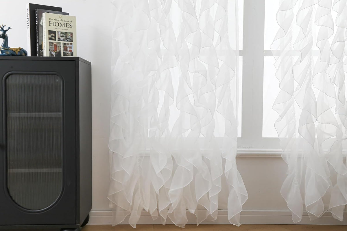 Cascade Farmhouse Shabby Chic Sheer Voile Vertical Ruffled Waterfall Window for Bedroom Living Room Curtain Panel 2 Panels(White, 50"×84")
