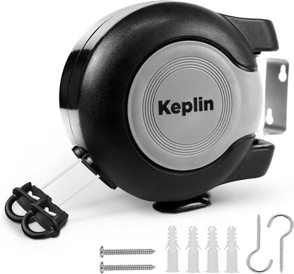 Keplin Retractable Washing Line – 30M Heavy-Duty Dual Clothesline, Automatic Retraction Wall-Mounted & Space-Saving Laundry Airer, Holds 15kg Easy Install, Indoor & Outdoor (30 Metres) Black without attachments