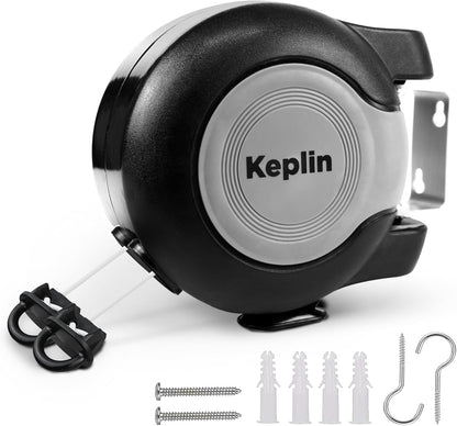 Keplin Retractable Washing Line – 30M Heavy-Duty Dual Clothesline, Automatic Retraction Wall-Mounted & Space-Saving Laundry Airer, Holds 15kg Easy Install, Indoor & Outdoor (30 Metres) Black