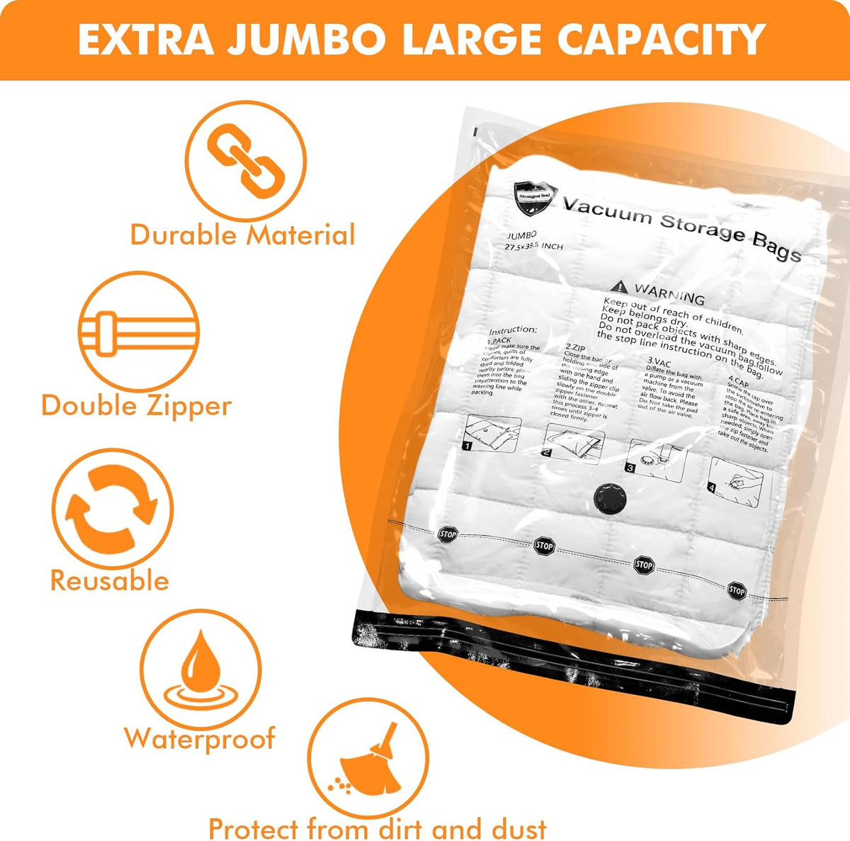 6 Large Vacuum Storage Bags,Space Saver Sealer Compression Bags for Blankets, Comforters, Pillows, Clothes Storage