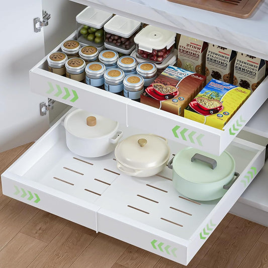 2PCS Pull Out Cabinet Organiser, 32-52cm Extendable Slide Out Kitchen Drawer Adhesive,Upgrade 3-Rails Slide Drawers Storage Shelves with Rail System for Kitchen Base Cabinet Organization