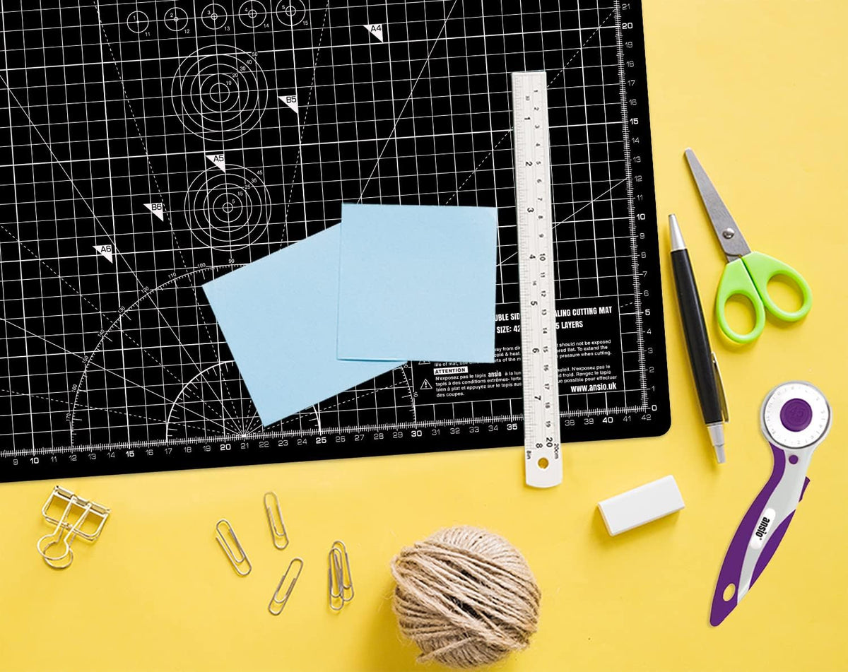 ANSIO Craft Cutting Mat Self Healing A3 Double Sided 5 Layers - Quilting, Sewing, Scrapbook, Fabric & Papercraft - Imperial/Metric 17 Inch x 11 Inch / 42cm x 27cm - Black/Black