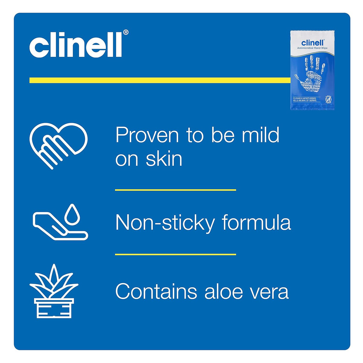 Clinell Antimicrobial Hand Wipes - Pack of 100 Individually Wrapped Sachets - Sanitising Wipes, Ideal for Travel - Dermatologically Tested, Kills 99.99% of Germs