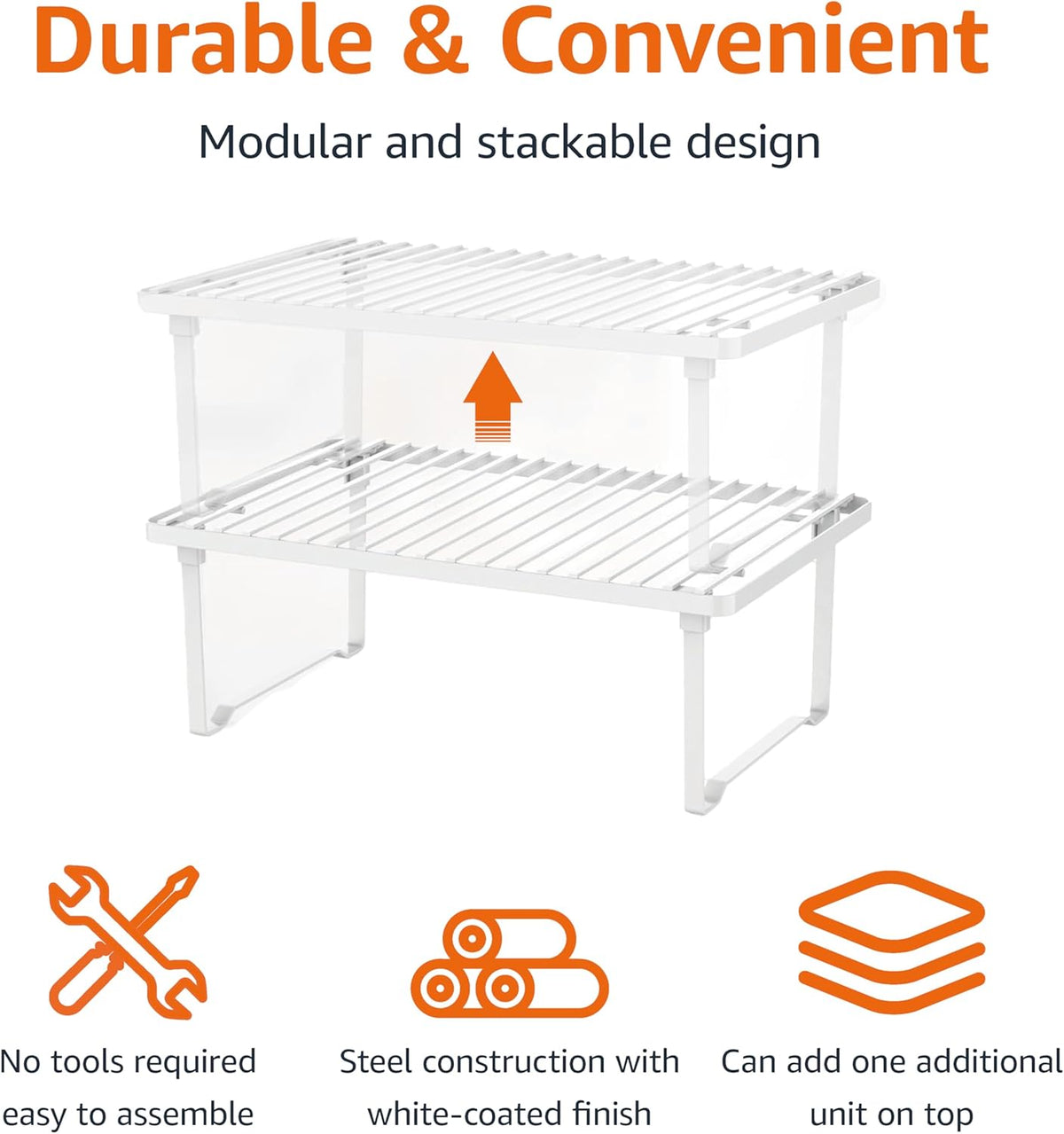 Amazon Basics Stackable Kitchen Storage Shelves, Pack of 2, 20.3 D x 31.6 W x 11.4 H cm, Metal, White | Stackable