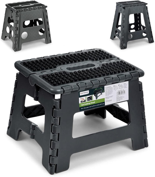 Rainberg Folding Step Stool 9 Inch, Heavy Duty Folding Stool, 250 lbs Capacity with Carrying Handle, Portable, Anti Slip Surface for Kids & Adults, Kitchen, Bathroom, Camping (Black)