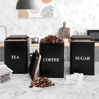 Tea Coffee Sugar Canisters, Set of 3 Tea Coffee and Sugar Canisters for Home, Easy Open & Airtight Lids, Decorative Food Caddy, Kitchen Storage Jars, Decorative Stainless Tins (BLACK SQUARE)