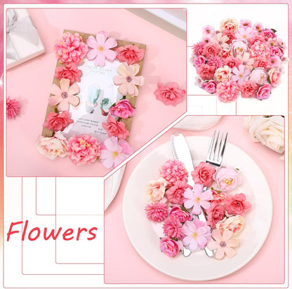 40PCS Artificial Flowers Heads Small Pink Artificial Flowers for Cake Decor