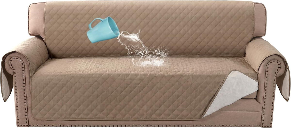BellaHills Sofa Cover 100% Waterproof Sofa Cover 3 seater Sofa Slipcovers Triple Non-Slip Couch Covers 3 Seater Washable Sofa Protector with Elastic Strap for Kids/Pets (Sofa 70", Khaki)