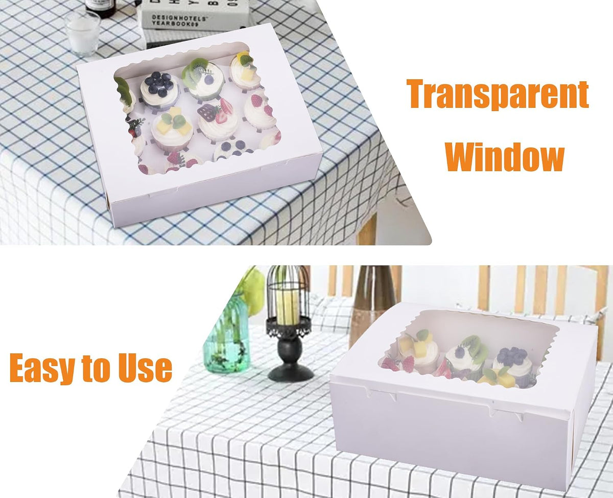 6-Set Cupcake Boxes Hold 12 Cupcakes, Muffins and Pastries, Food Grade Bakery Carrier Boxes with Windows and Inserts