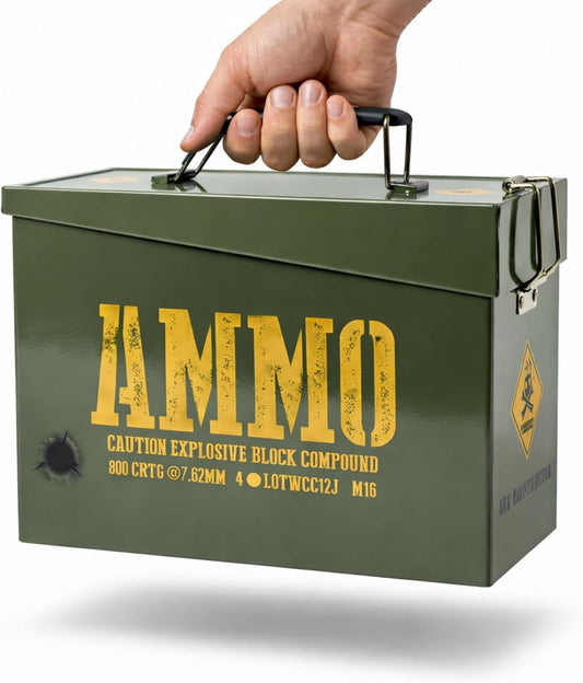 Army Ammo Tin decorative Storage Box & bedroom accessories. Cool military style treasure, Dad keepsake memory snack sweets box. Neatly store small bits & bobs. Great for any light storage needs.