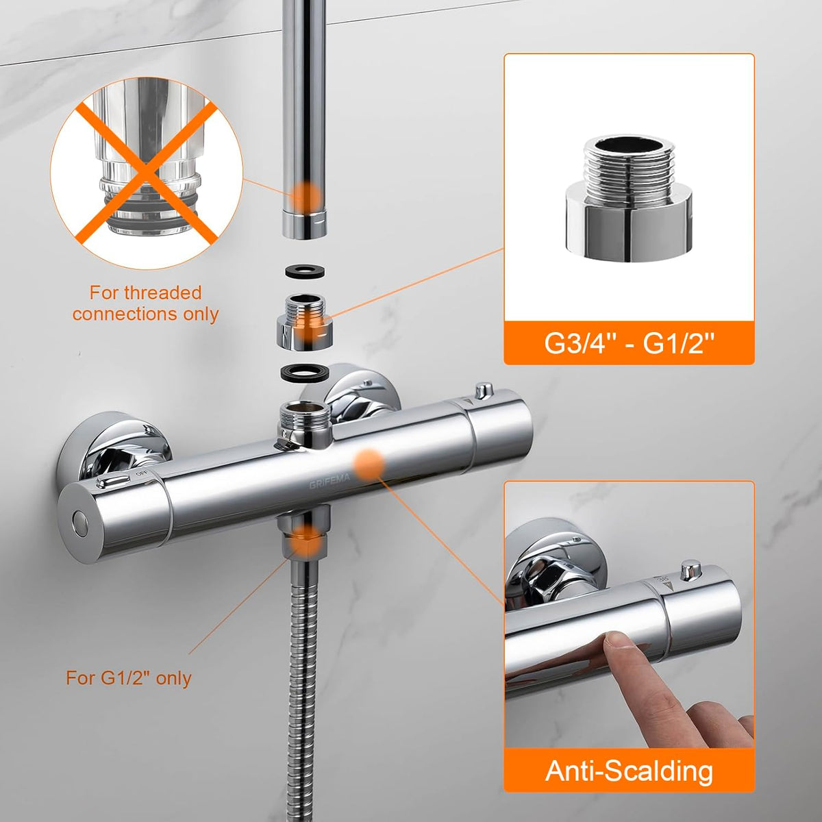 GRIFEMA G17005 Thermostatic Shower Mixer Bar Two Outlet, Wall Mounted Shower Mixer Tap,Anti-Scald, with TOP 3/4" and Bottom 1/2" BSP, Chrome,Silver