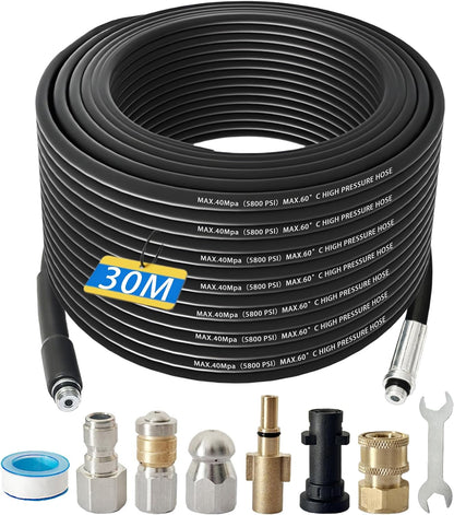 30M Kink Resistant Pressure Sewer Jetting Hose Kit with 2 Types Jet Nozzle & 4 Replacement Adapters, 5800 PSI Washer Drain Pipe Hose Cleaning Kit Compatible with Karcher K2-K7 and Bosch AQT