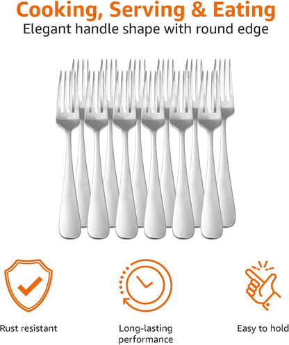 Amazon Basics Stainless Steel Dinner Forks with Round Edge, Dishwasher Safe, Pack of 12, Silver
