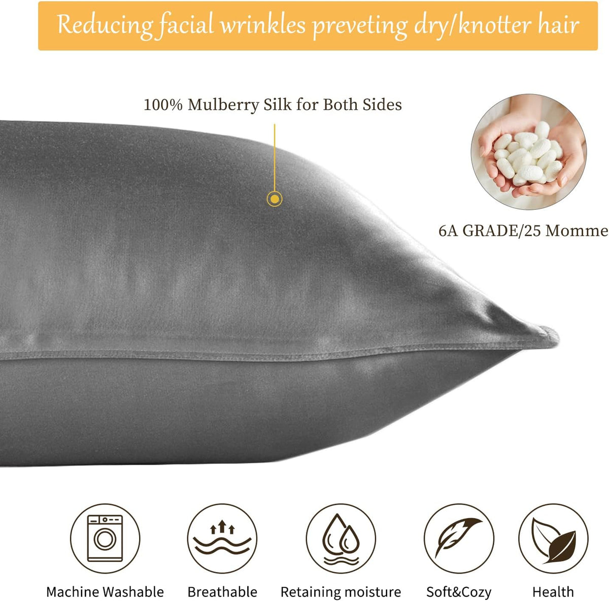 100% Mulberry Silk Pillowcase 25 Momme, Both Sides Silk with Hidden Zipper Slip Silk Pillow Cases 1PC, Housewife Silk Pillow Cover for Hair and Skin, Gift Box(50x90cm, Gray)