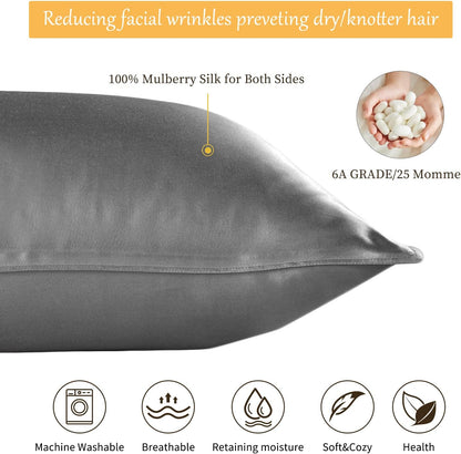 100% Mulberry Silk Pillowcase 25 Momme, Both Sides Silk with Hidden Zipper Slip Silk Pillow Cases 1PC, Housewife Silk Pillow Cover for Hair and Skin, Gift Box(50x90cm, Gray)