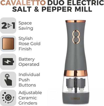 Tower Electric Salt and Pepper Mills, Battery Operated with Adjustable Ceramic Grinders, Grey and Rose Gold, T847004GRY