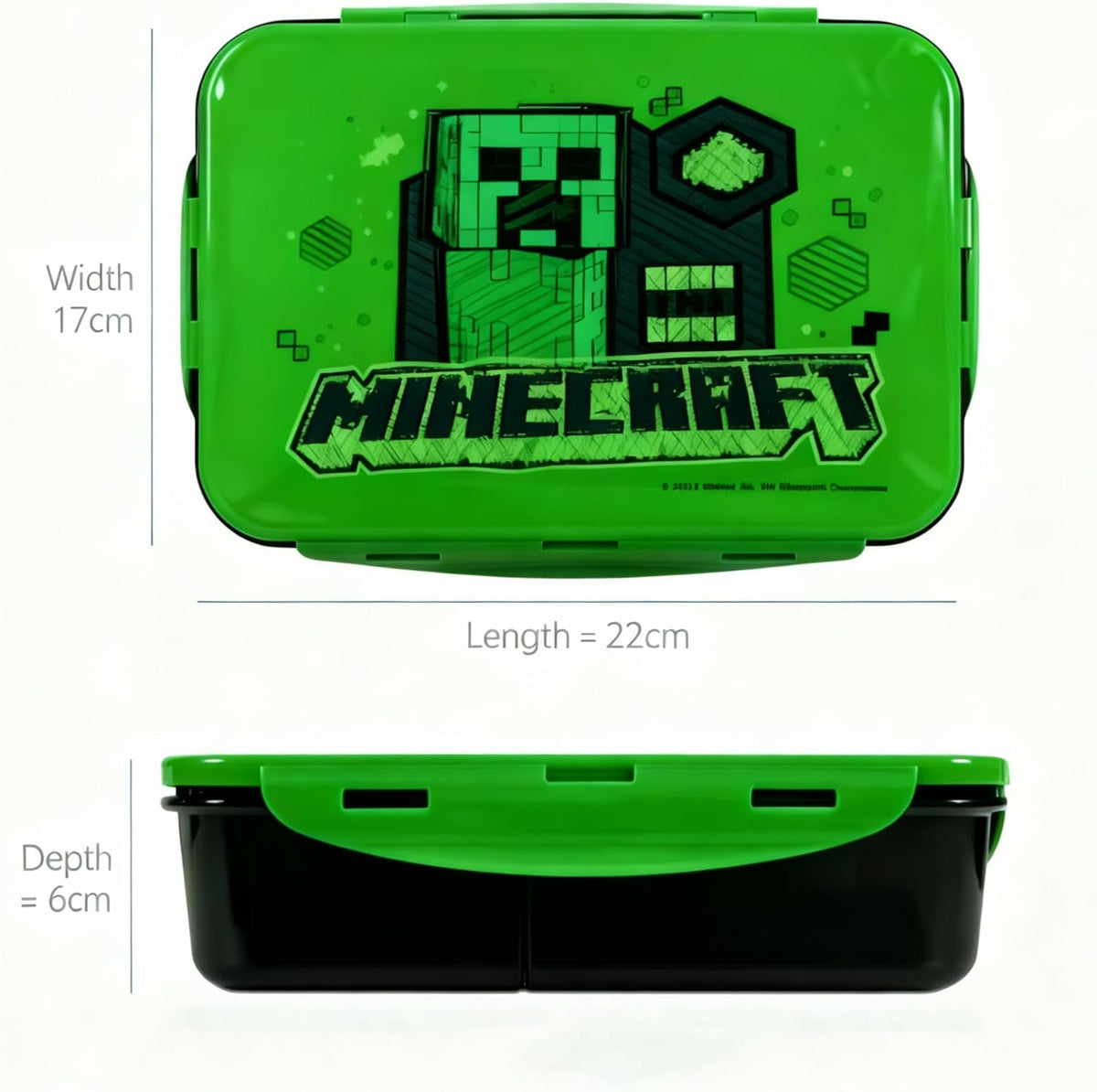 HOX Minecraft Creeper 3 Compartment Bento Lunch Box for Kids – Official Minecraft Lunchbox with Airtight Seal & Snap Lock Lid, BPA Free Plastic Food Container for School, Picnics & Meal Prep