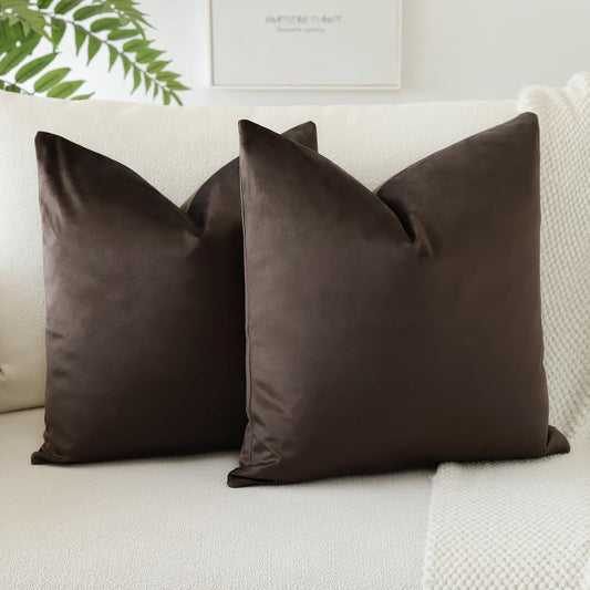 JOTOM Soft Velvet Decorative Throw Pillow Covers 24x24 Inch Solid Square Cushion Covers 60x60 cm Pillowcases Cushion Case for Sofa Couch Living Room Bedroom Home Decor Set of 2 (Chocolate Brown)