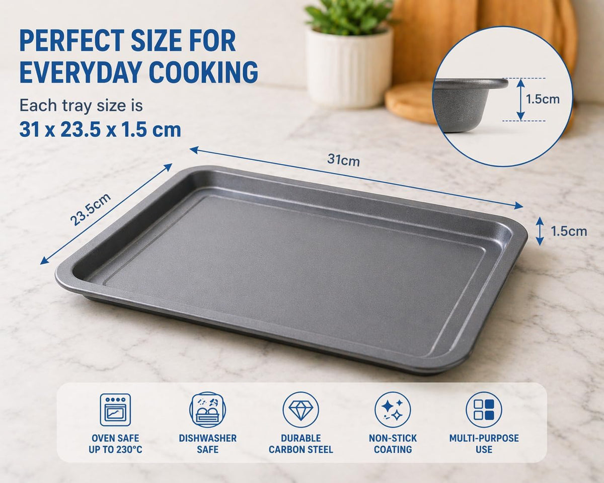 31cm Non-Stick Oven Tray – Durable Carbon Steel Baking Tray, Dishwasher Safe, Multi-Purpose Roasting & Baking Pan, Oven Safe to 230°C