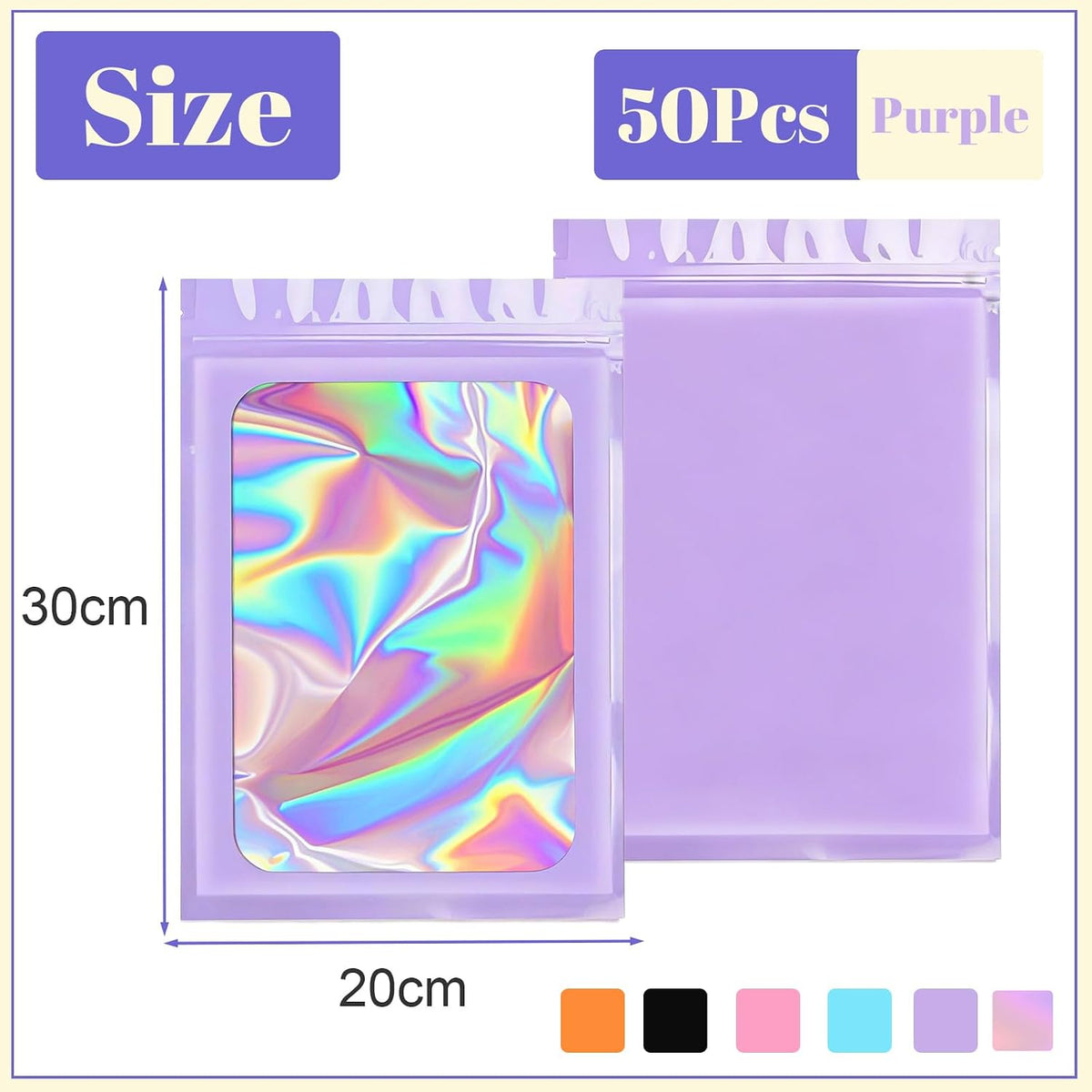 50pcs Holographic Mylar Bags 20x30cm - Purple Resealable Smell Proof Pouches for Lipgloss, Jewelry, Eyelash, Food Storage With Grip Foil Ziplock