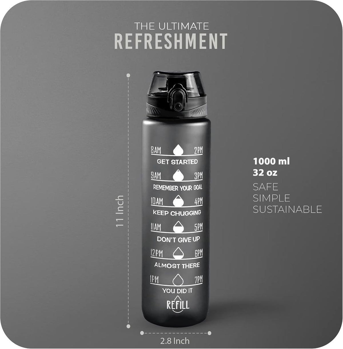 Roe Tenpo Water Bottle 1L, Sports Water Bottle with Time Markings, BPA-Free, Leak-Proof Drinks Bottle, Perfect for Running, Cycling, Gym, Yoga, Camping and Outdoor Activities