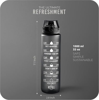 Roe Tenpo Water Bottle 1L, Sports Water Bottle with Time Markings, BPA-Free, Leak-Proof Drinks Bottle, Perfect for Running, Cycling, Gym, Yoga, Camping and Outdoor Activities
