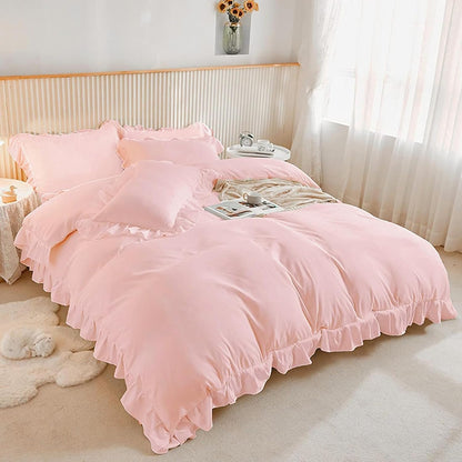 2 Pieces Single Pink Ruffle Bedding Set Ruffle Frills Duvet Cover Set Soft Microfiber Duvet Cover 135 x 200 cm