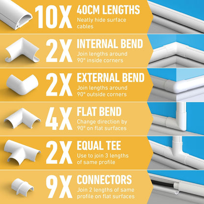 D-Line 20x10mm Cable Trunking 4m Multipack, Half Round Profile, Self-Adhesive Wire Cover, Paintable Cable Management - 10x 20mm (W) x 10mm (H) x 40cm Lengths and Accessories - Magnolia