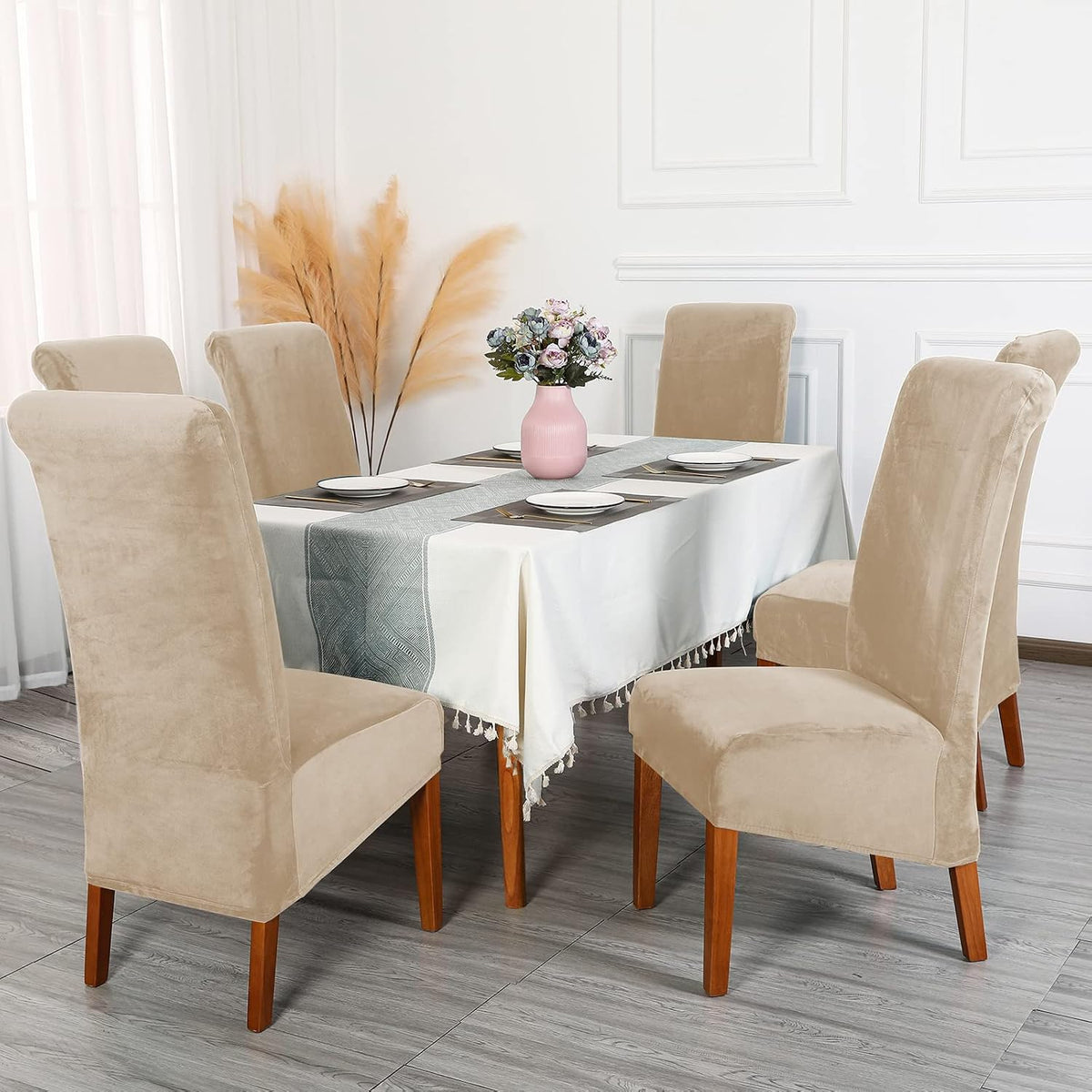 CMAKER Velvet Dining Chair Covers, Stretch Large Chair Slipcover, Spandex High Back Chairs Cover Elastic Washable Removable XL Chair Protector,Set of 2,Beige