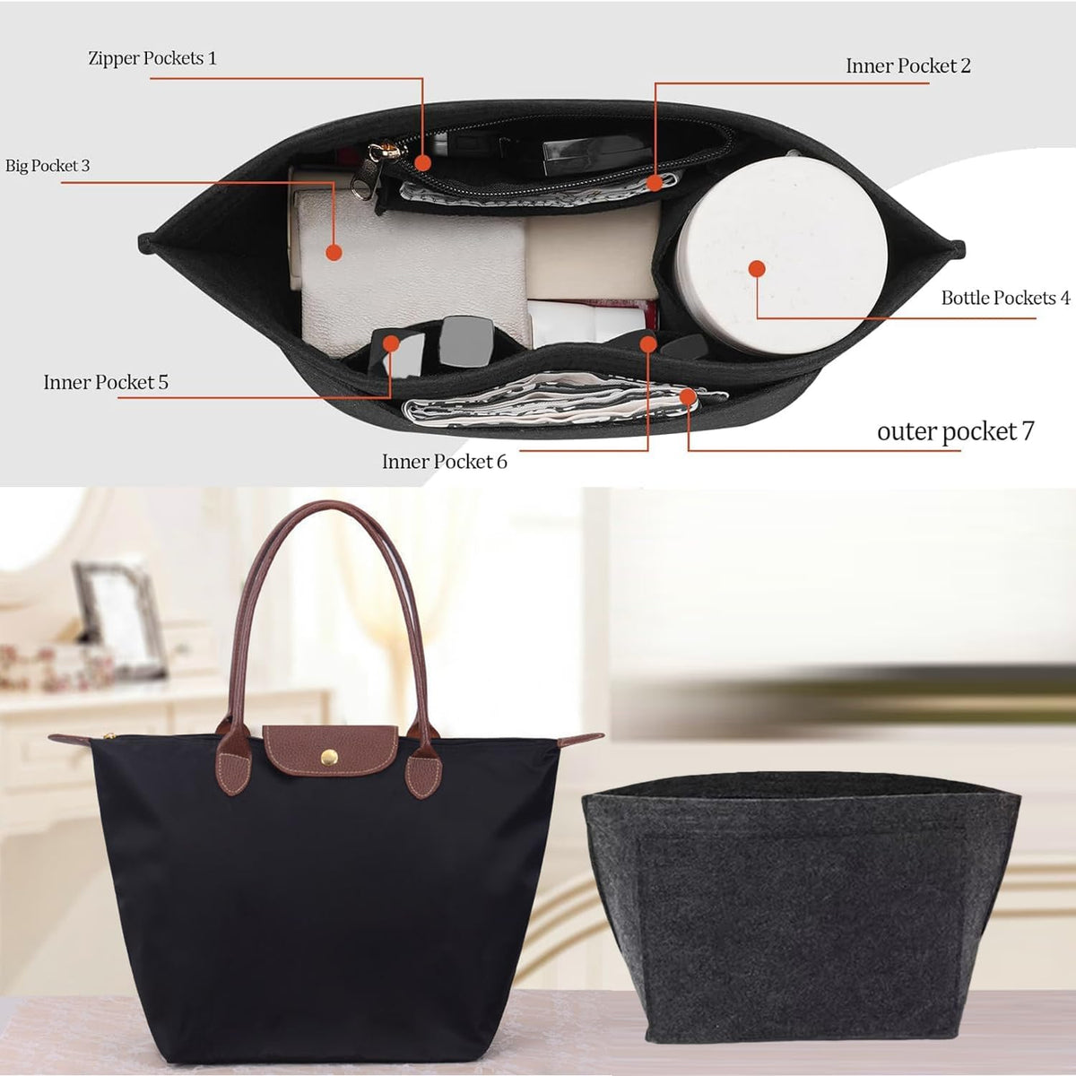 Bag Insert Organizer, Purse Insert Organizer With Zipper,Multi-Pocket Felt Handbag Organizer for Wallet Organize, Folding Tote Bag organize inserts for Longchamp (Dark gray, L)