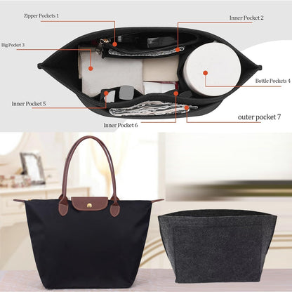 Bag Insert Organizer, Purse Insert Organizer With Zipper,Multi-Pocket Felt Handbag Organizer for Wallet Organize, Folding Tote Bag organize inserts for Longchamp (Dark gray, L)