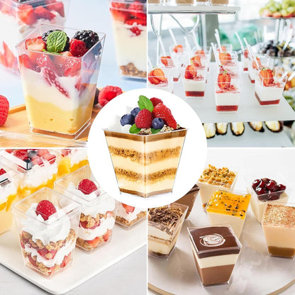 50 Pcs Mini Dessert Cups, with Spoons, 2oz/60ml Clear Square Cups, Reusable Cheesecake Pots for Pudding Mousse Ice Iream