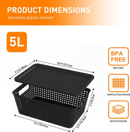 Citylife Set of 8 Pack Plastic Storage Baskets With Lid, Storage Basket for Organizing,Stackable Storage Containers Bins Boxes for Kitchen Bathroom Desktop Closet Classroom Office,Black