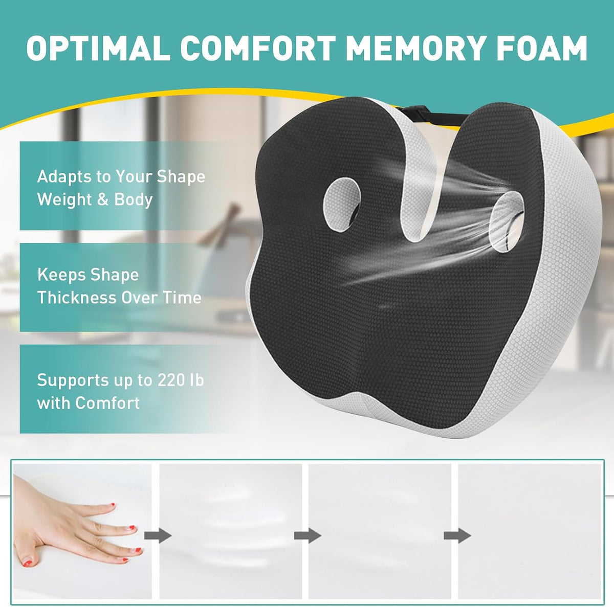 Car Cushion for Long Sitting Sciatica & Back Pain Relief, Memory Ergonomic Seat with Adjustable Straps Support for Driving, Office Chair, Pressure Relief & Comfort Cushion - Black, 48 x 39 x 14cm