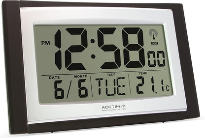 Acctim Stratus radio controlled digital wall and desk clock with LCD display showing date day and temperature, battery powered kitchen or office clock with tabletop or wall mounting in black