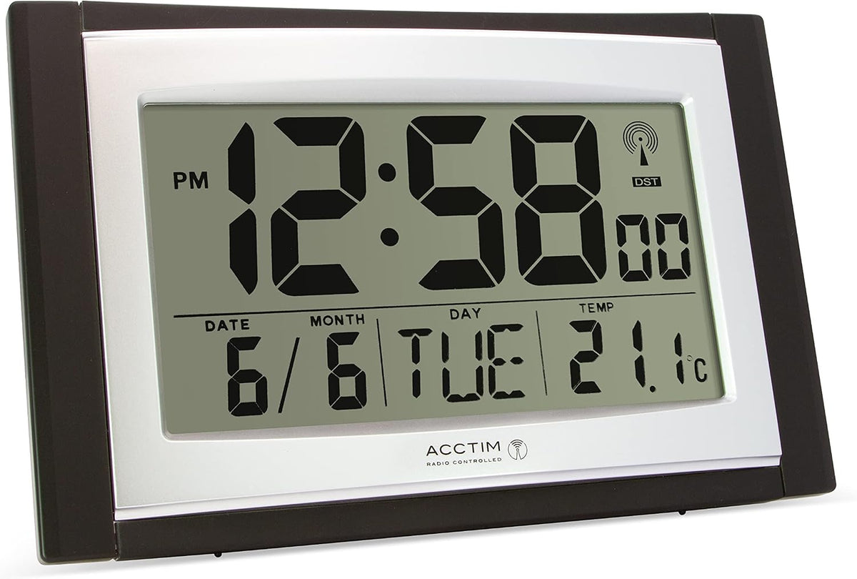 Acctim Stratus radio controlled digital wall and desk clock with LCD display showing date day and temperature, battery powered kitchen or office clock with tabletop or wall mounting in black