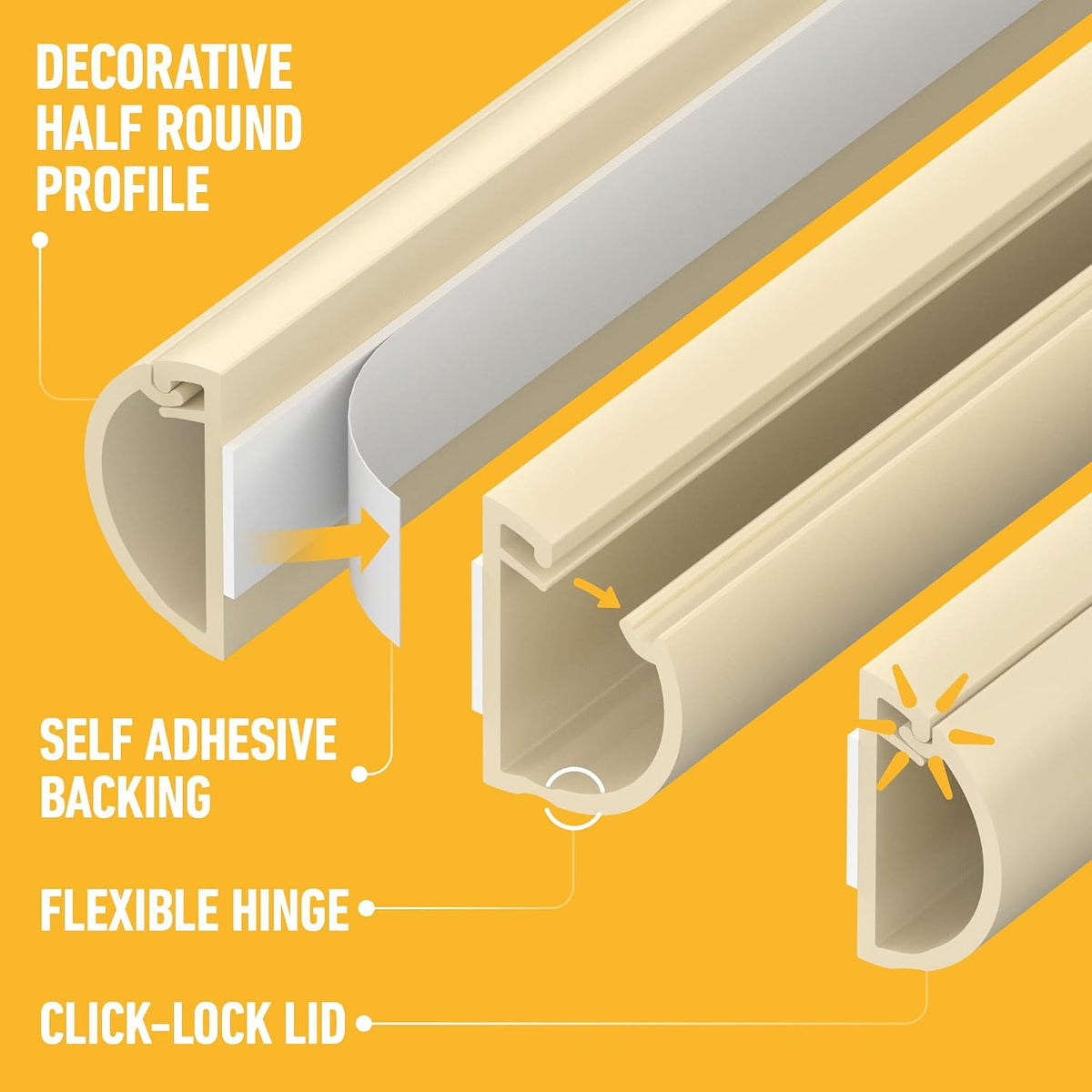D-Line 20x10mm Cable Trunking 4m Multipack, Half Round Profile, Self-Adhesive Wire Cover, Paintable Cable Management - 10x 20mm (W) x 10mm (H) x 40cm Lengths and Accessories - Magnolia